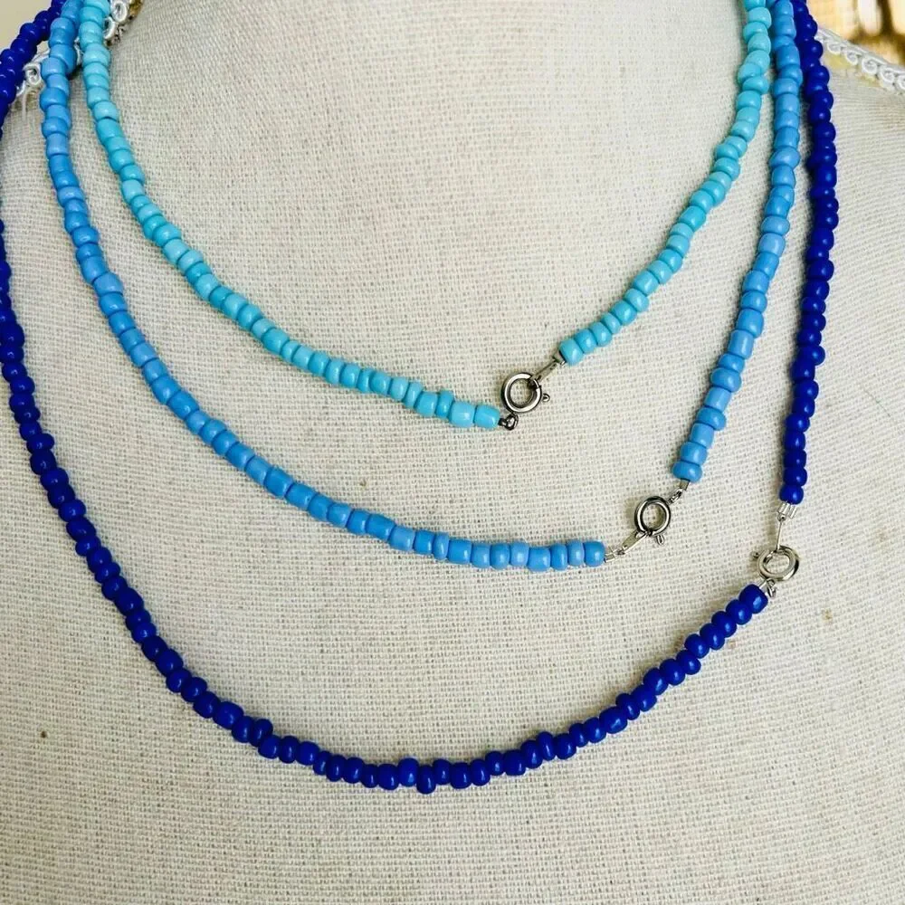 Handcrafted Set of 3 Blue Turquoise Silver Beads Necklaces